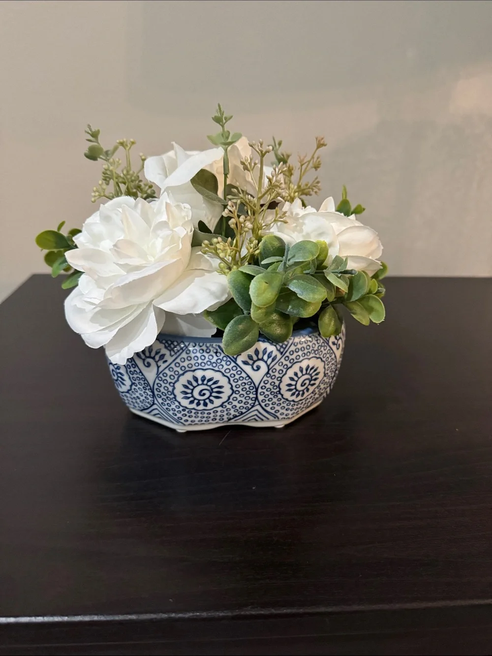 White Faux Floral Centerpiece in Blue Patterned Ceramic Planter